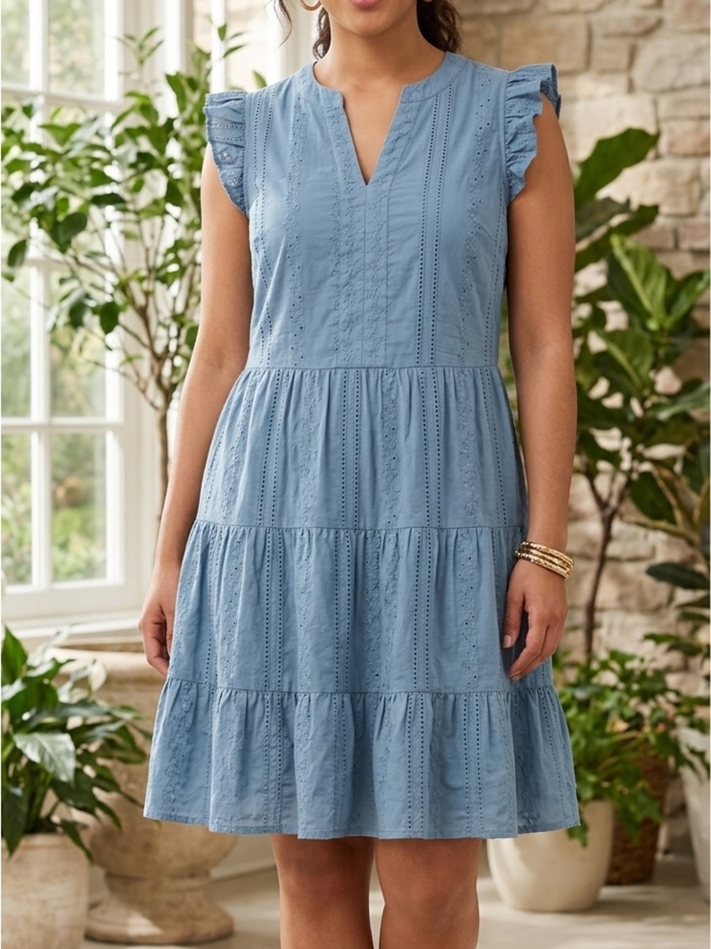 Laundry by Shelli Segal Dress Size 12 Blue Eyelet Embroidered 100% Cotton